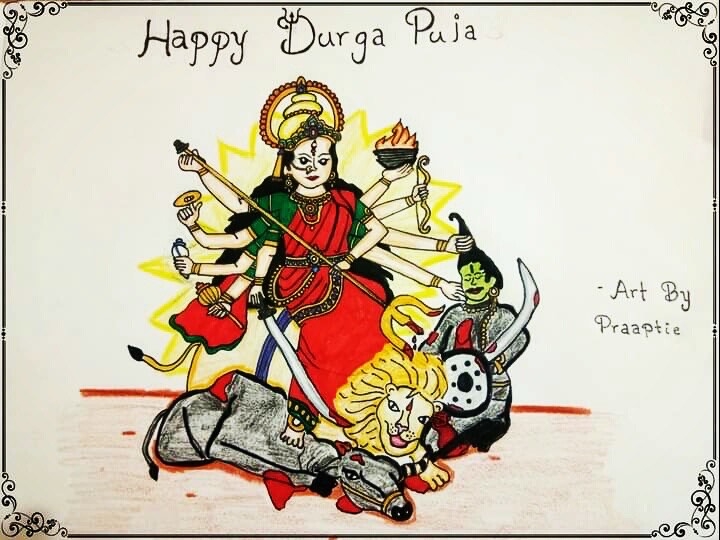Durga Puja art work - Drawing and dressing up as Durga Maa