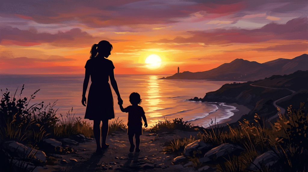 Silhouettes of mother and child walking near ocean at sunset