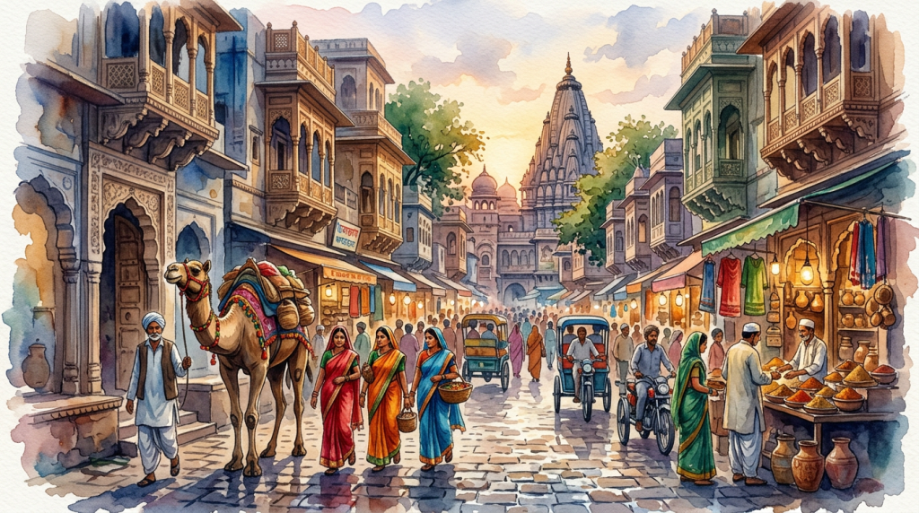 Crowded Indian street market with pedestrians, camel, rickshaws, and temple