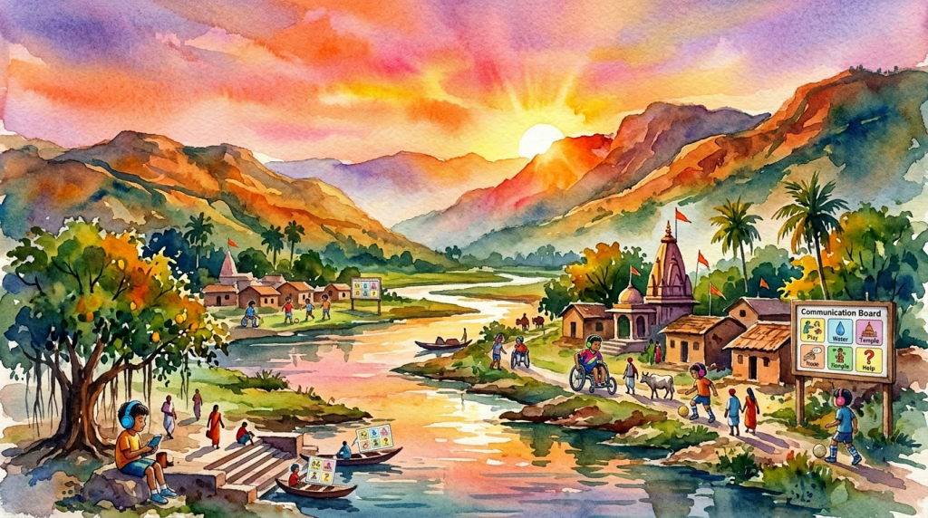 Watercolor painting of a riverside village with people, boats, temple, and mountains at sunset
