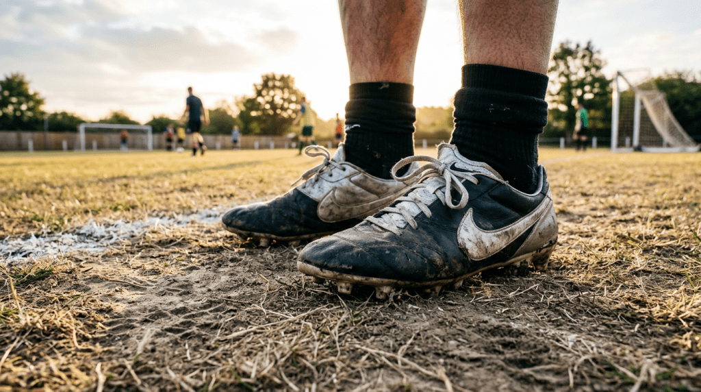 Worn football boots laced on dusty pitch, morning light