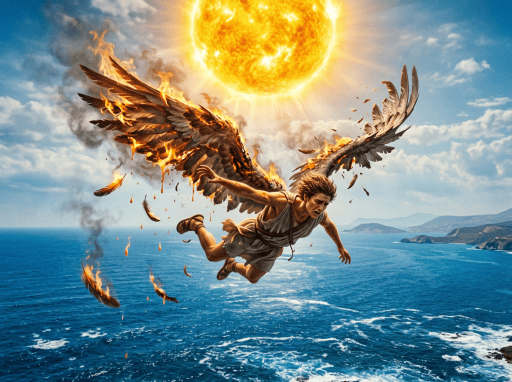 Young man with burning wings falling from sky near bright sun over sea