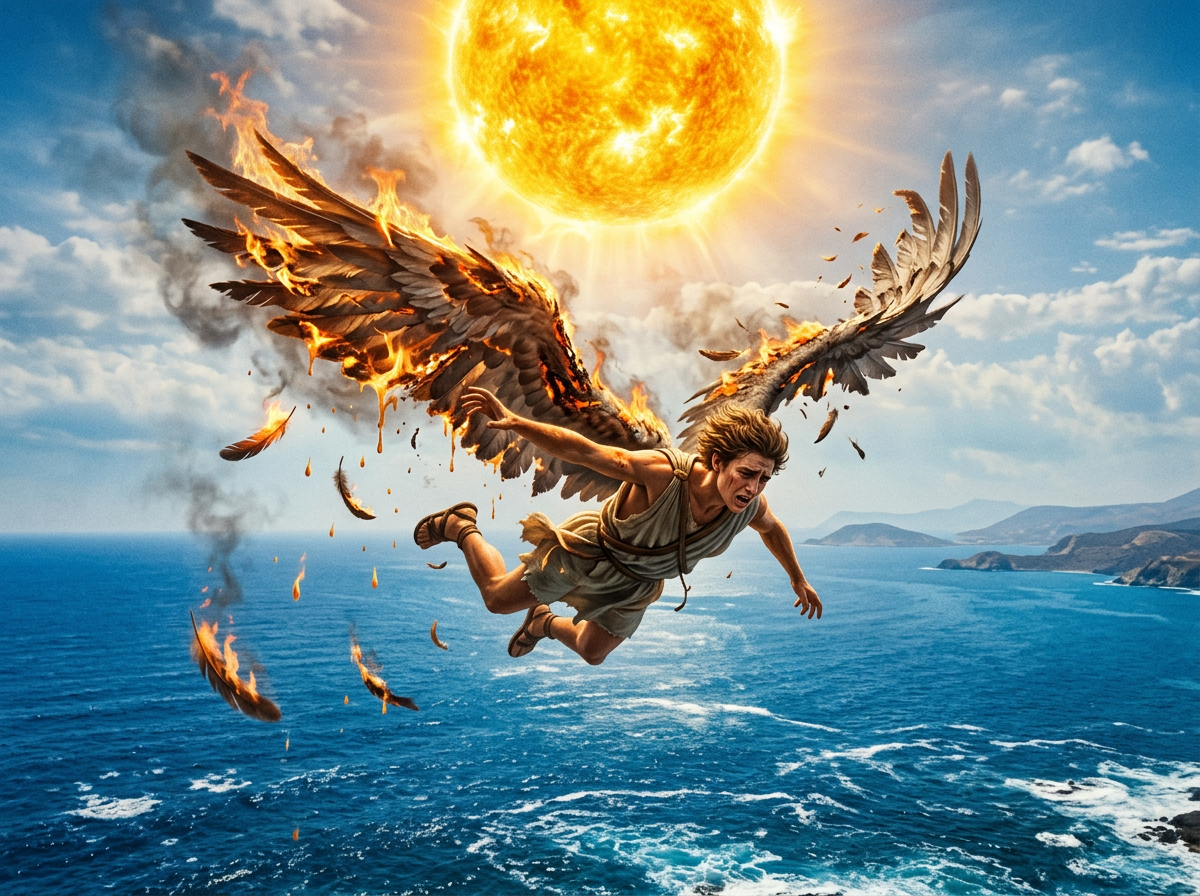 Young man with burning wings falling from sky near bright sun over sea