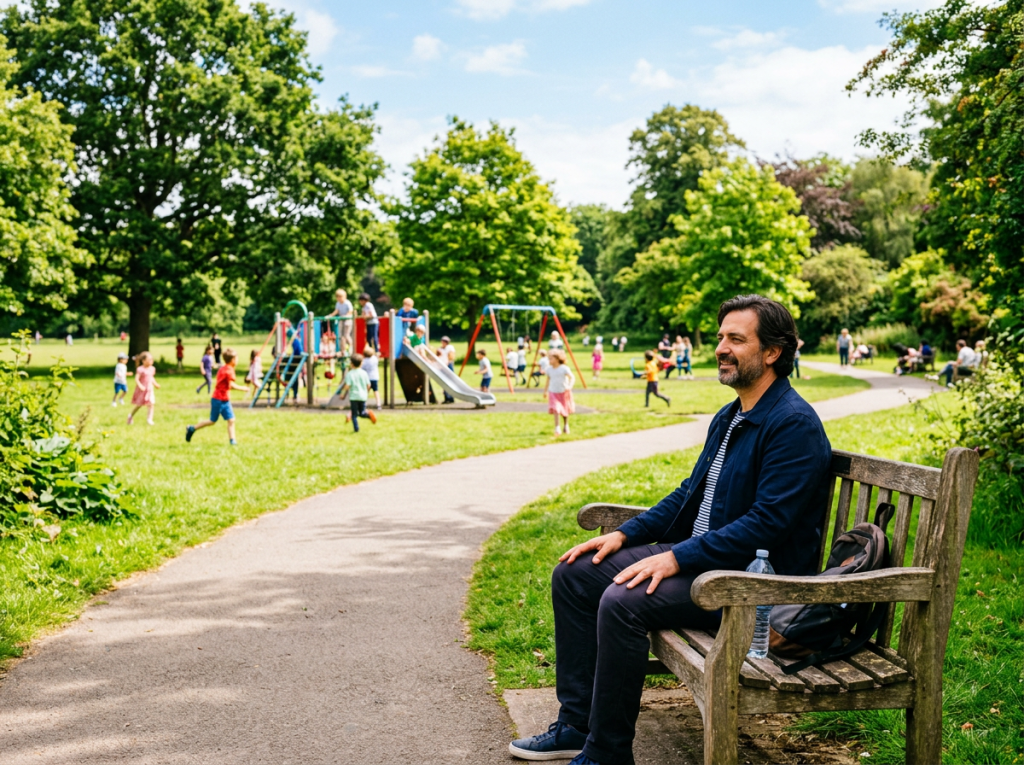 Man on bench, children playing distant park