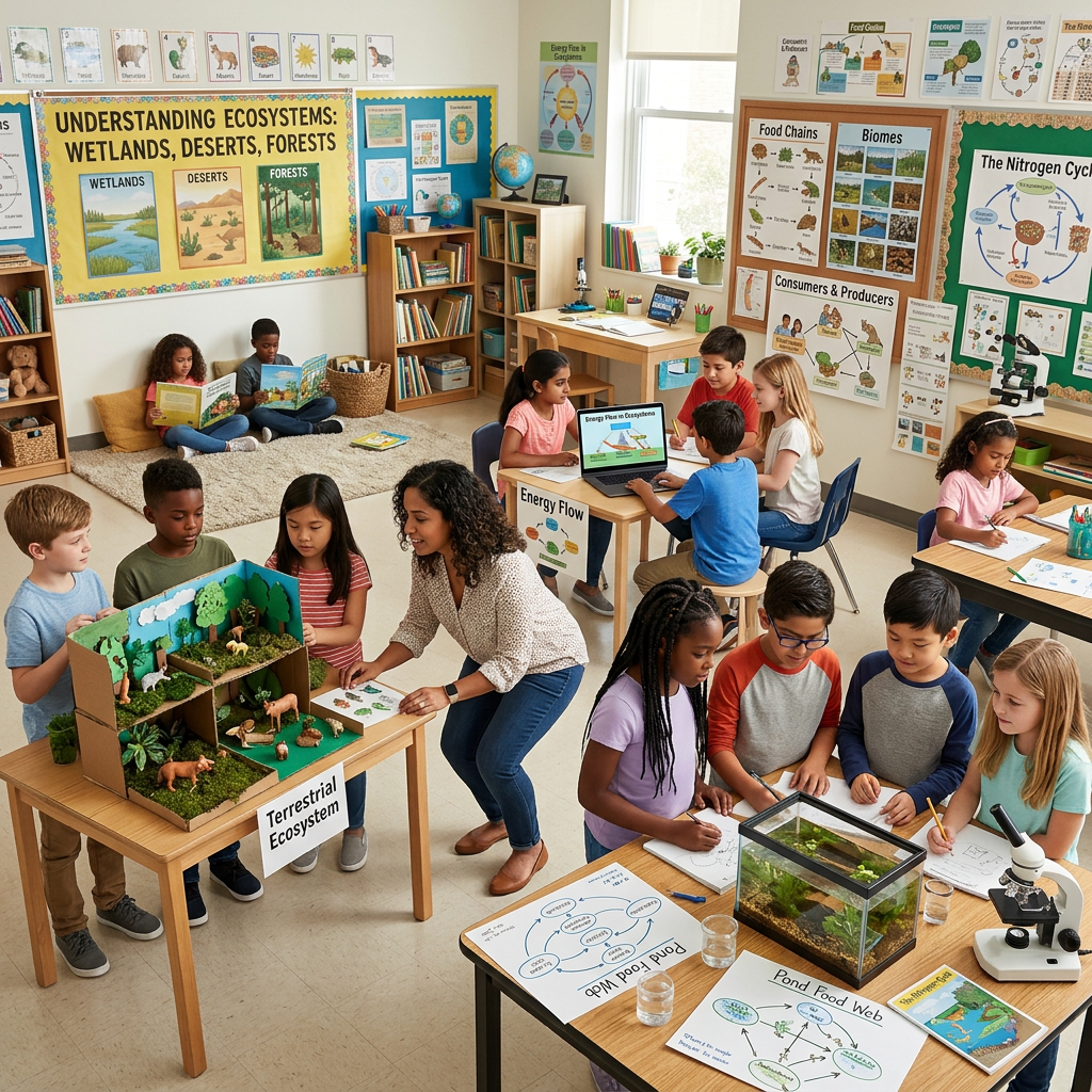 Elementary students and teacher engaging in ecosystem science projects and discussions