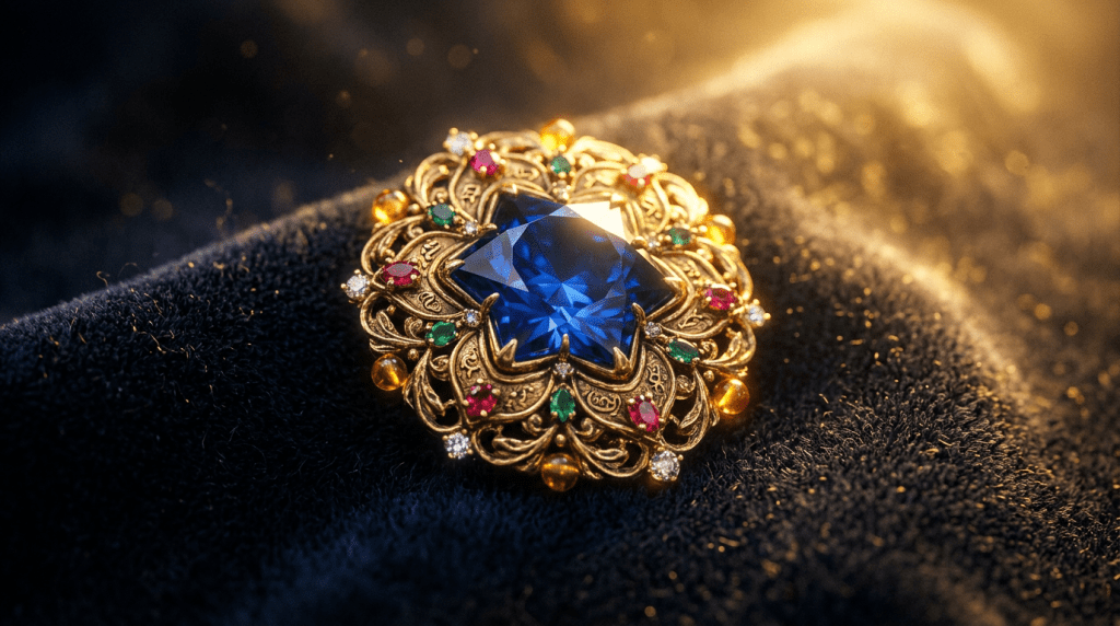 Gold brooch with large blue gemstone center and surrounding colorful gemstones on dark fabric