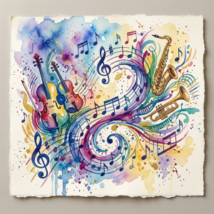 Watercolor illustration of violins, saxophones, trumpet, and musical notes