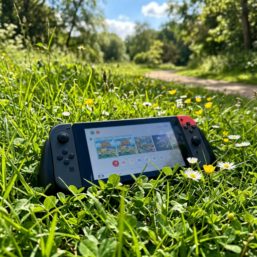 Nintendo Switch displaying Animal Crossing: New Horizons in a flower-filled meadow