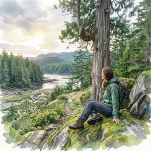 Hiker sitting on mossy rocks overlooking a forest lake and mountains