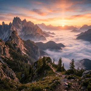 Jagged alpine mountains above clouds at sunrise