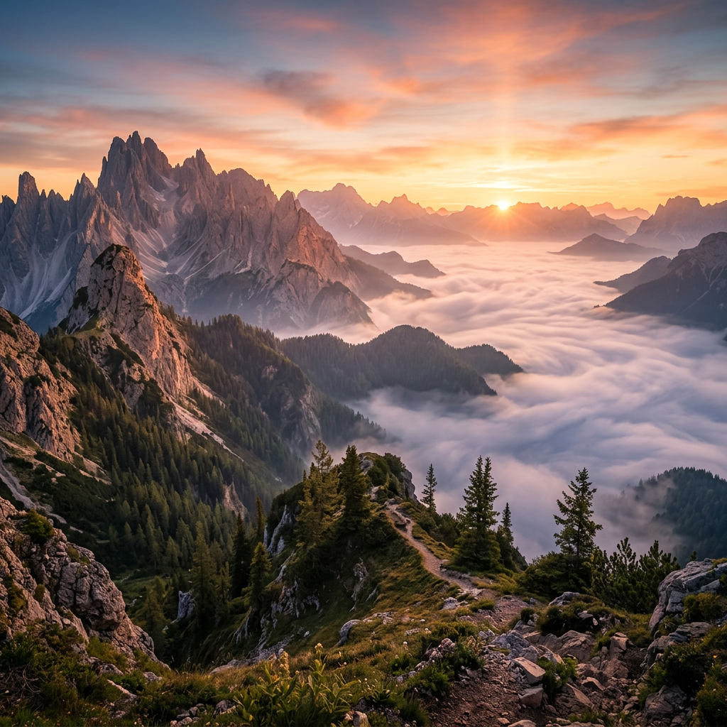 Jagged alpine mountains above clouds at sunrise