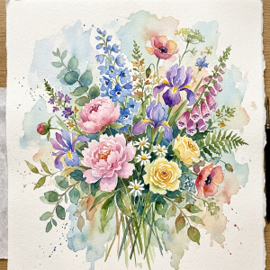 Watercolor bouquet of roses, irises, peonies, poppies, and wildflowers