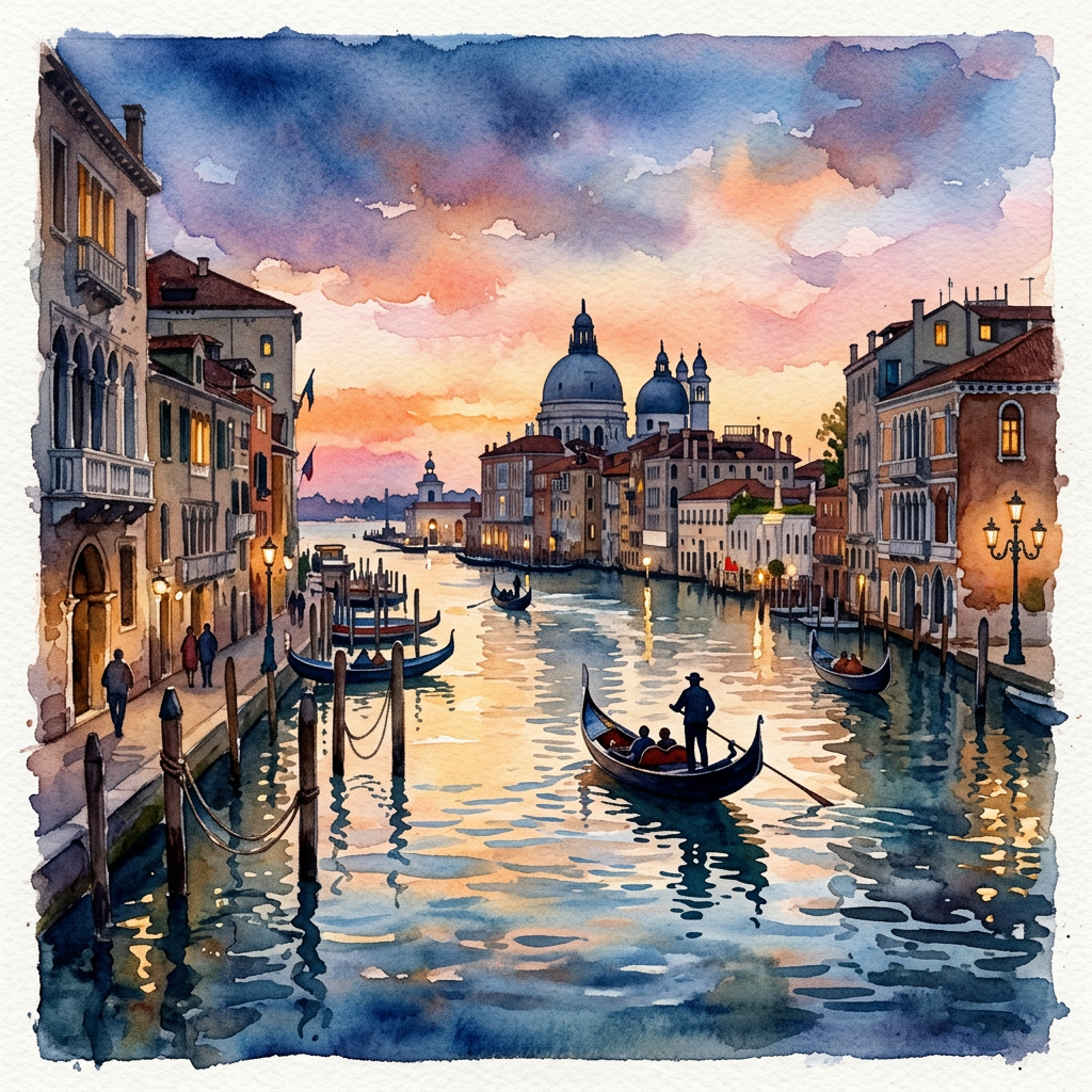 Gondolas on a Venetian canal beneath a sunset with domed buildings