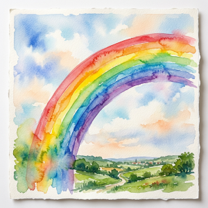 Watercolor rainbow arching over green countryside and winding road