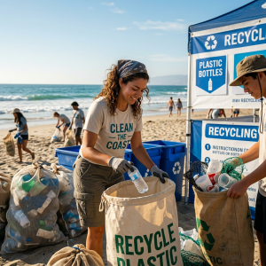 Volunteers sorting plastic waste at a beach recycling station
