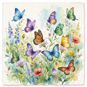 Watercolor meadow filled with colorful butterflies and wildflowers