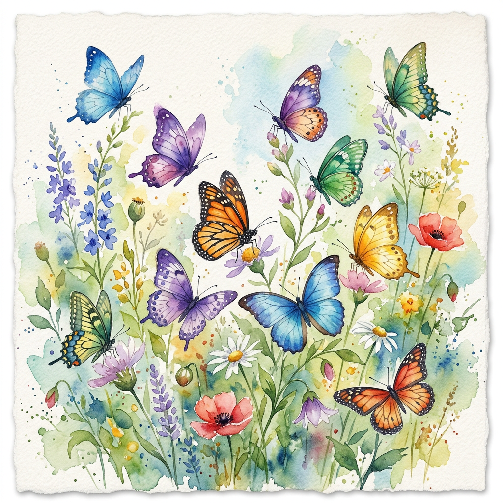 Watercolor meadow filled with colorful butterflies and wildflowers