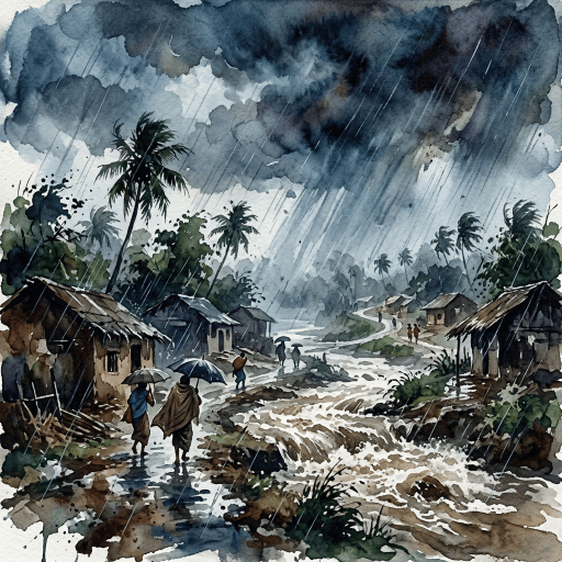 Villagers with umbrellas walk through a rain-soaked tropical village.