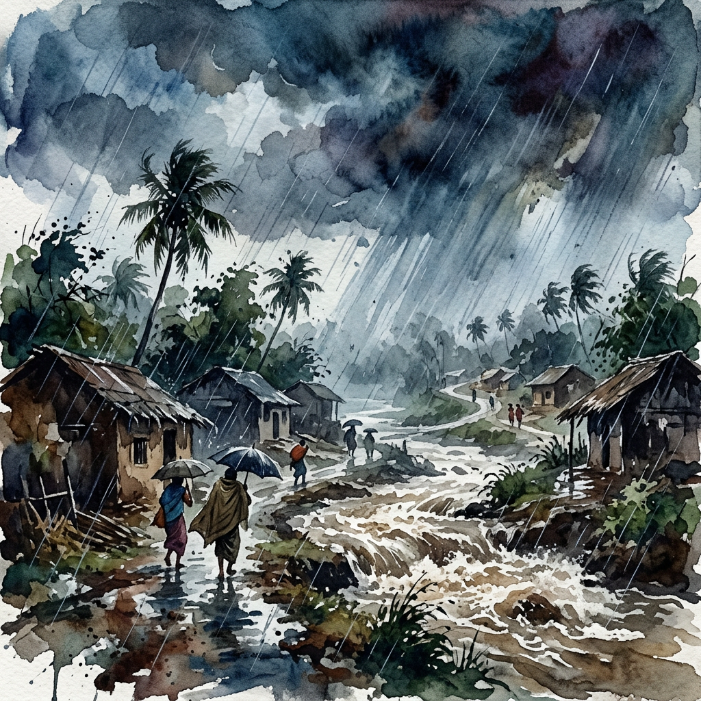 Villagers with umbrellas walk through a rain-soaked tropical village.