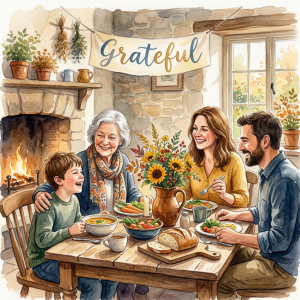 Family sharing a meal beneath a banner reading “Grateful”
