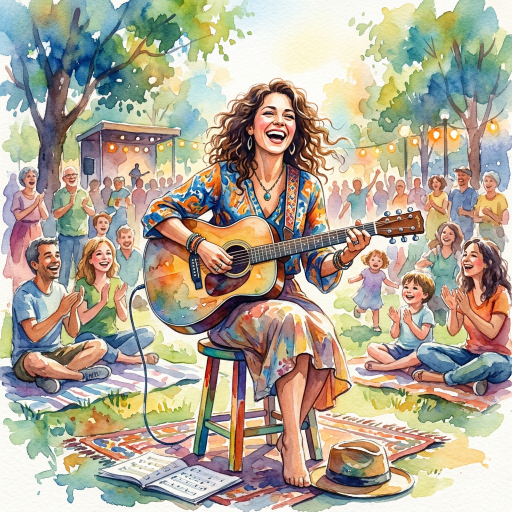 Smiling woman playing acoustic guitar at a lively outdoor gathering