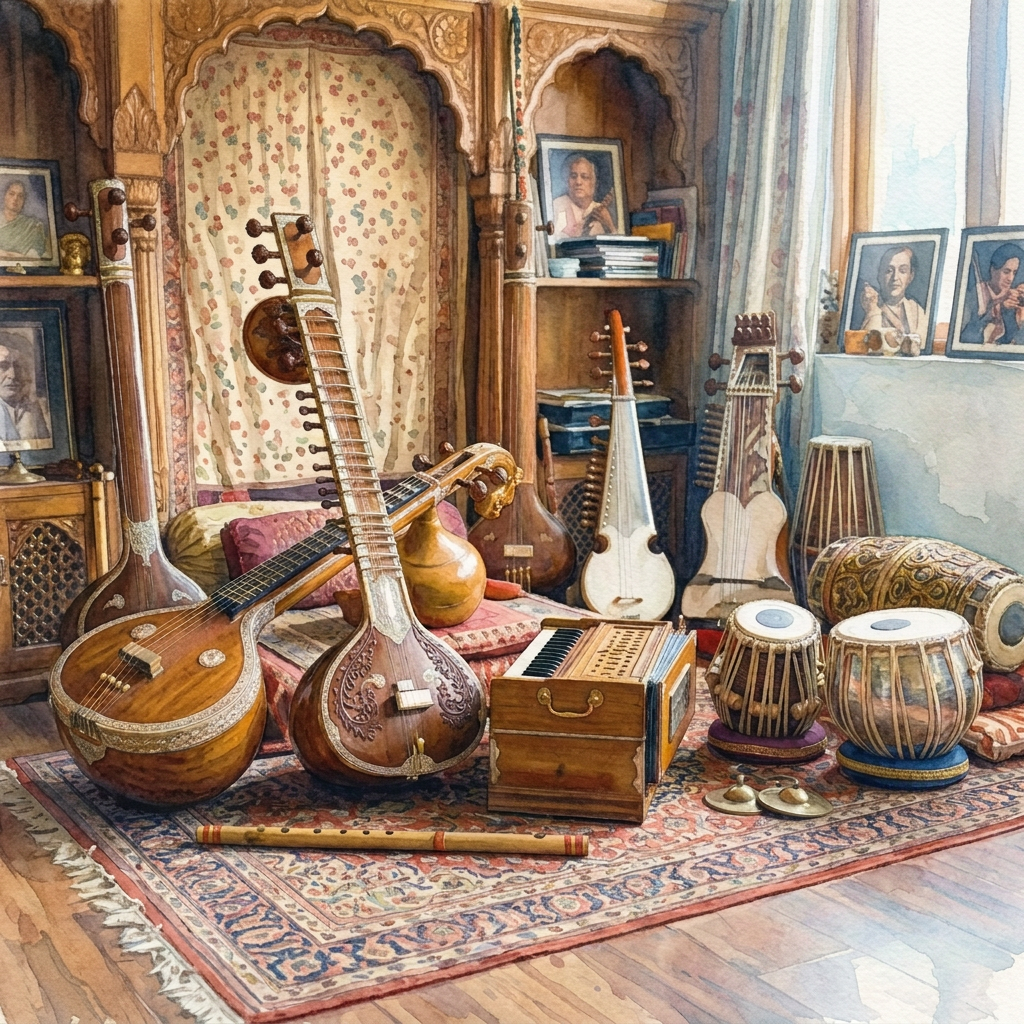 Traditional Indian instruments arranged in an ornate music room