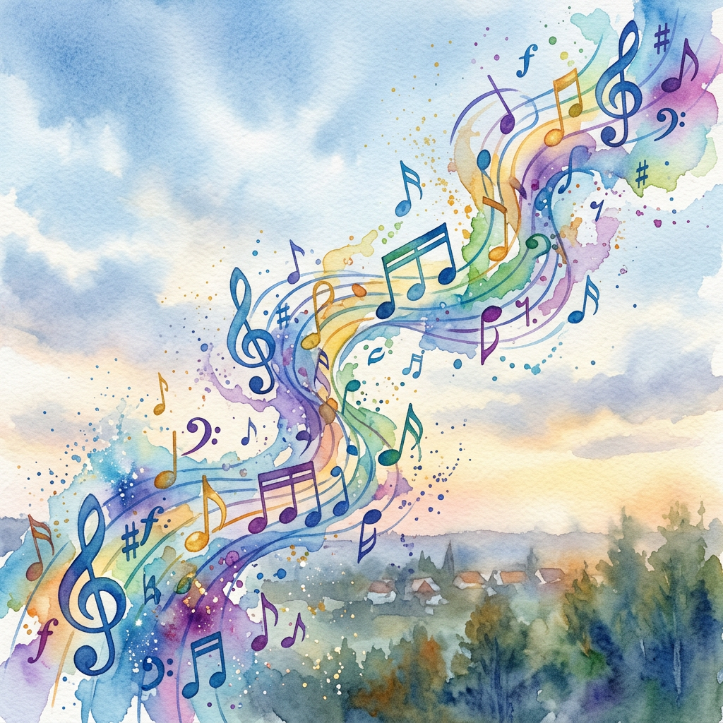 Colorful musical notes and symbols flowing above a watercolor village landscape