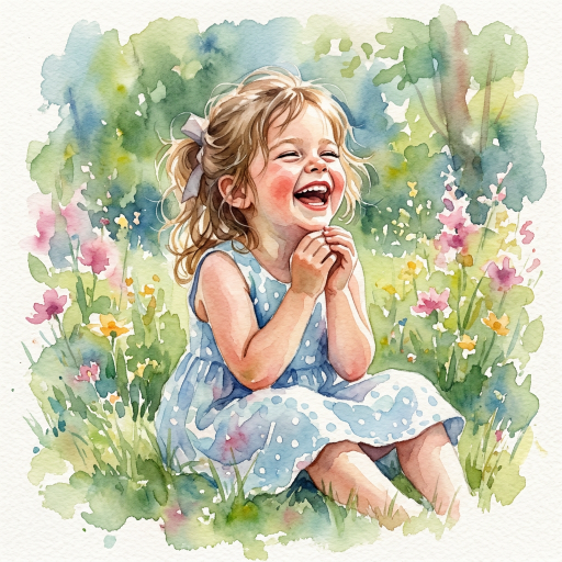 Laughing child in a blue dress sitting among colorful wildflowers