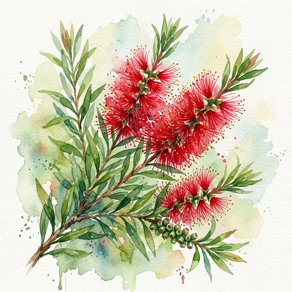 Watercolor painting of red bottlebrush flowers with green leaves