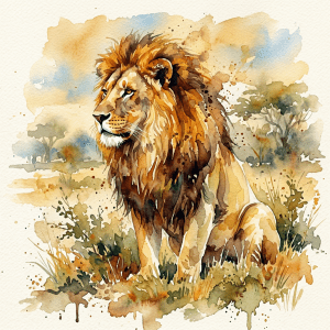 Watercolor painting of a seated male lion in a grassy landscape