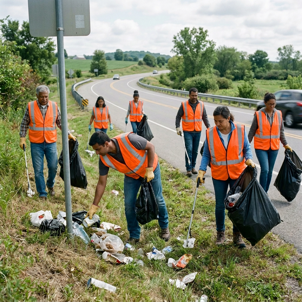Volunteers wearing reflective vests collect roadside litter with grabbers and trash bags