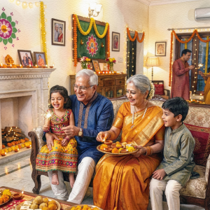 Grandparents and two children celebrating Diwali with sparklers and sweets