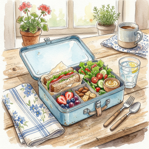 Open blue lunchbox filled with sandwiches, salad, fruit, nuts, and crackers