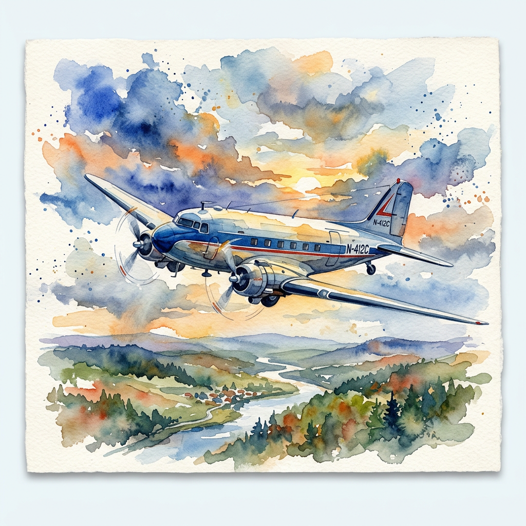 Vintage twin-engine airplane flying over a watercolor countryside landscape