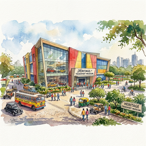 Watercolor illustration of Heritage Transport Museum with historic vehicles and visitors