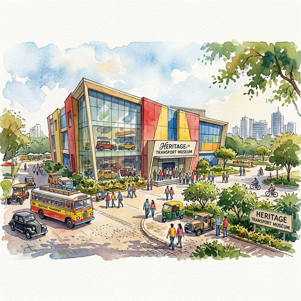 Watercolor illustration of Heritage Transport Museum with historic vehicles and visitors