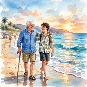 Older man with cane walking beside younger man on tropical beach
