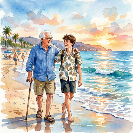 Older man with cane walking beside younger man on tropical beach