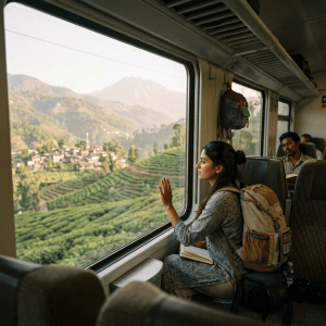 Traveler with backpack looking through a train window at countryside