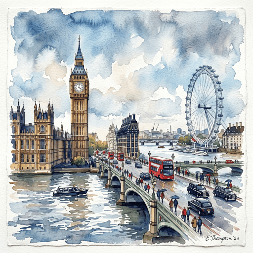 Watercolor illustration of Big Ben, Westminster Bridge, and the London Eye