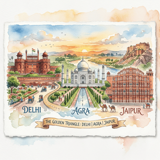 Watercolor illustration labeled “THE GOLDEN TRIANGLE: DELHI | AGRA | JAIPUR,” featuring landmarks from Delhi, Agra, and Jaipur.