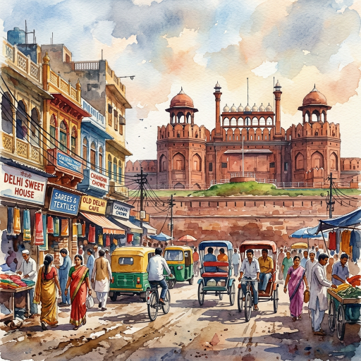 Watercolor street market in Old Delhi with Red Fort, shops, rickshaws, and pedestrians