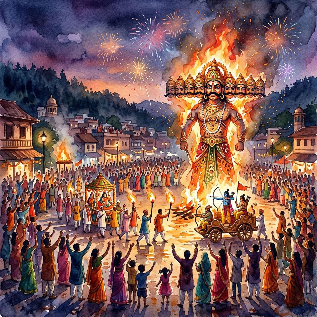 Crowd celebrating Dussehra beside a burning ten-headed Ravana effigy and chariot